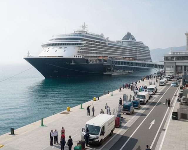 Kreuzfahrtschiff an einem europäischen Hafen mit organisiertem Passagierumschlag
