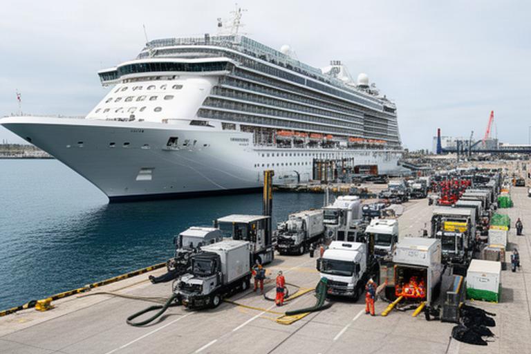 Kreuzfahrtschiff beim Hafenumschlag mit Versorgungstechnik am Kai